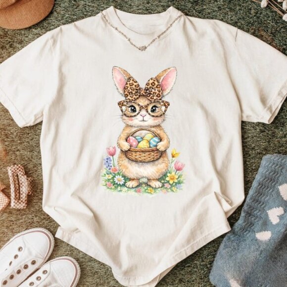 Tops - Cute Easter Bunny Shirt, Leopard Bow Bunny Tee, Spring Rabbit Shirt